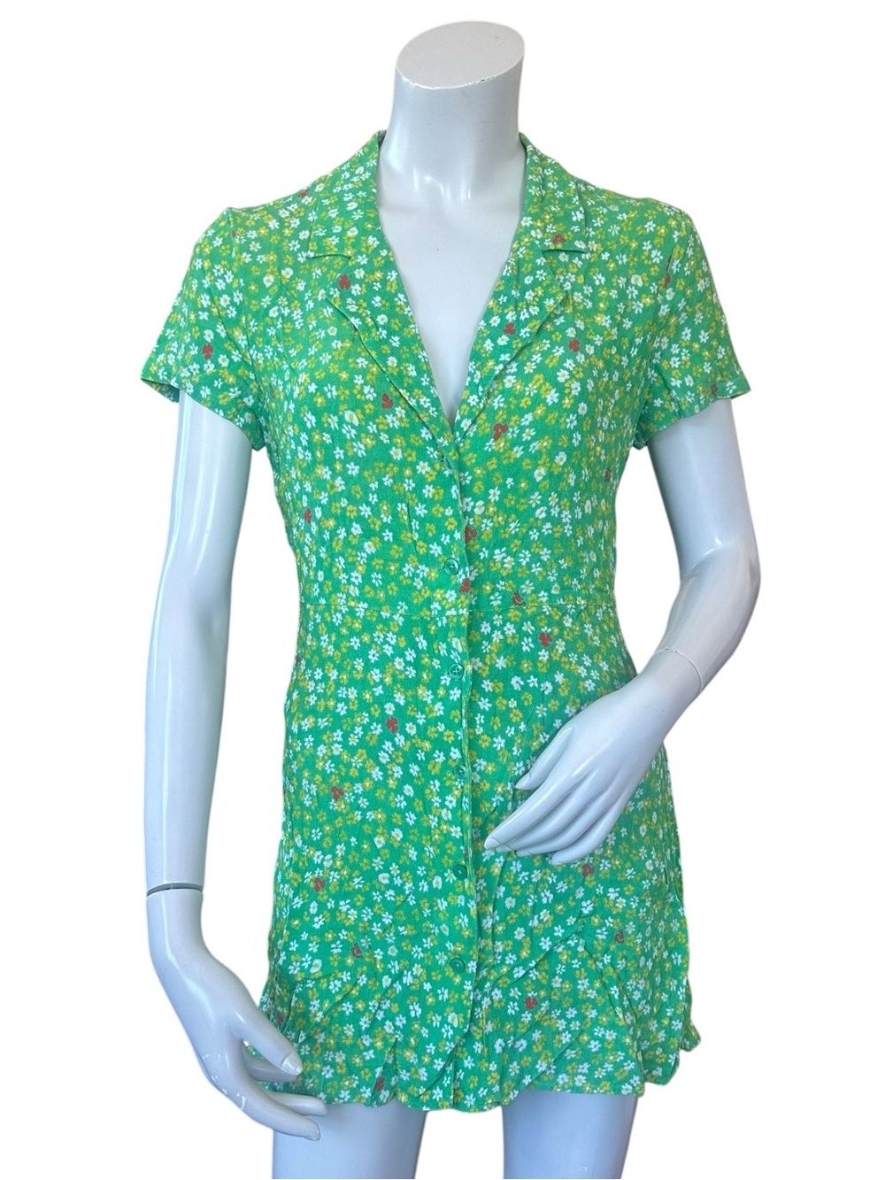 Aritzia Sunday Best Vida Green Yellow Collared Floral Button Down Mini Dress S